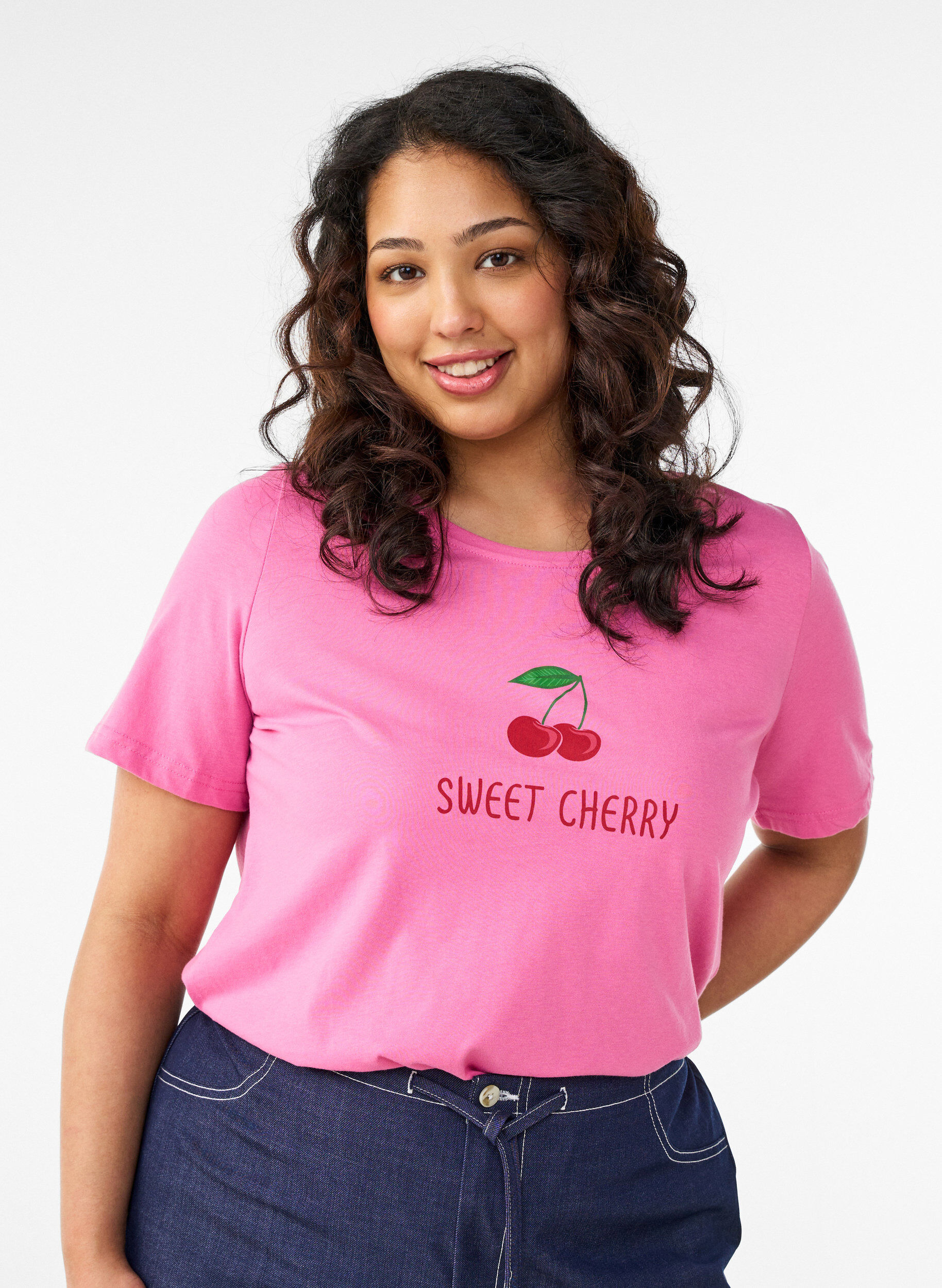 T-shirt with motif, Pink, Model