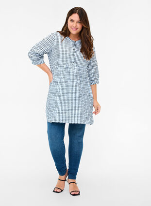 Checkered shirt tunic with 3/4 sleeves, Light Blue Check , Model image number 2