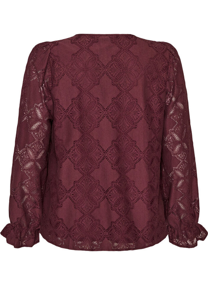 Long-sleeved blouse with lace pattern, Dark Bordeaux, Packshot image number 1