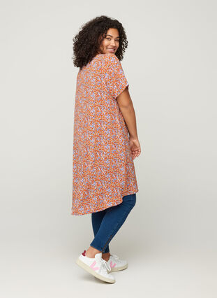 Plain-coloured dress with shorts sleeves, Orange Flower AOP, Model image number 1
