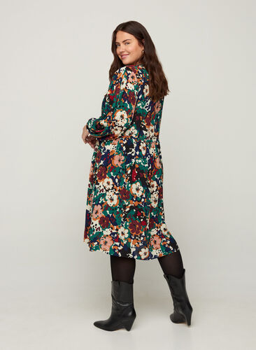 Floral viscose dress with an adjustable waist, Multi Flower AOP, Model image number 0