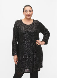Short sequin dress with long sleeves, Black, Model