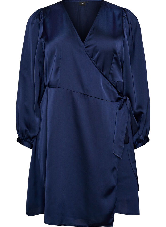 Short satin dress with wrap design, Blue, Packshot image number 0