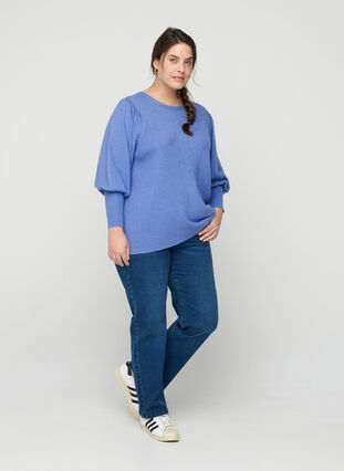 Knitted top with round neck and balloon sleeves , Ultramarine Mel., Model image number 3