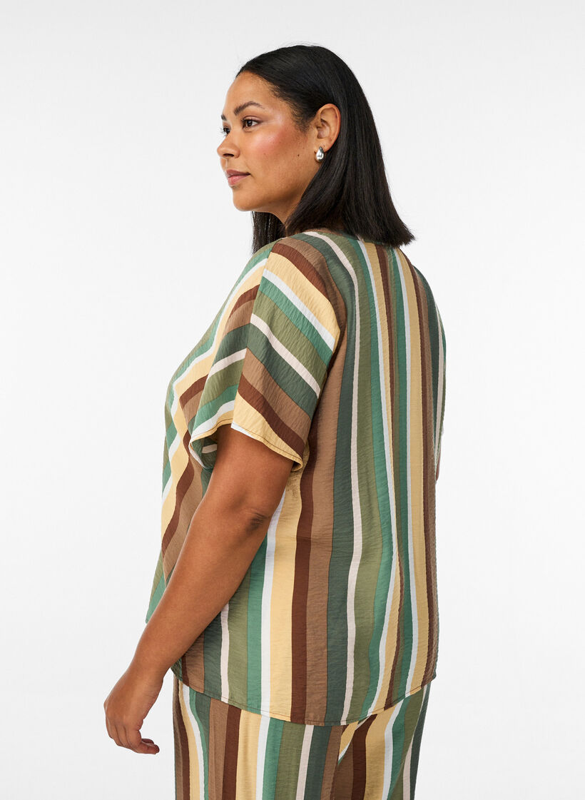Striped viscose blouse with short sleeves, Brown, Model image number 2