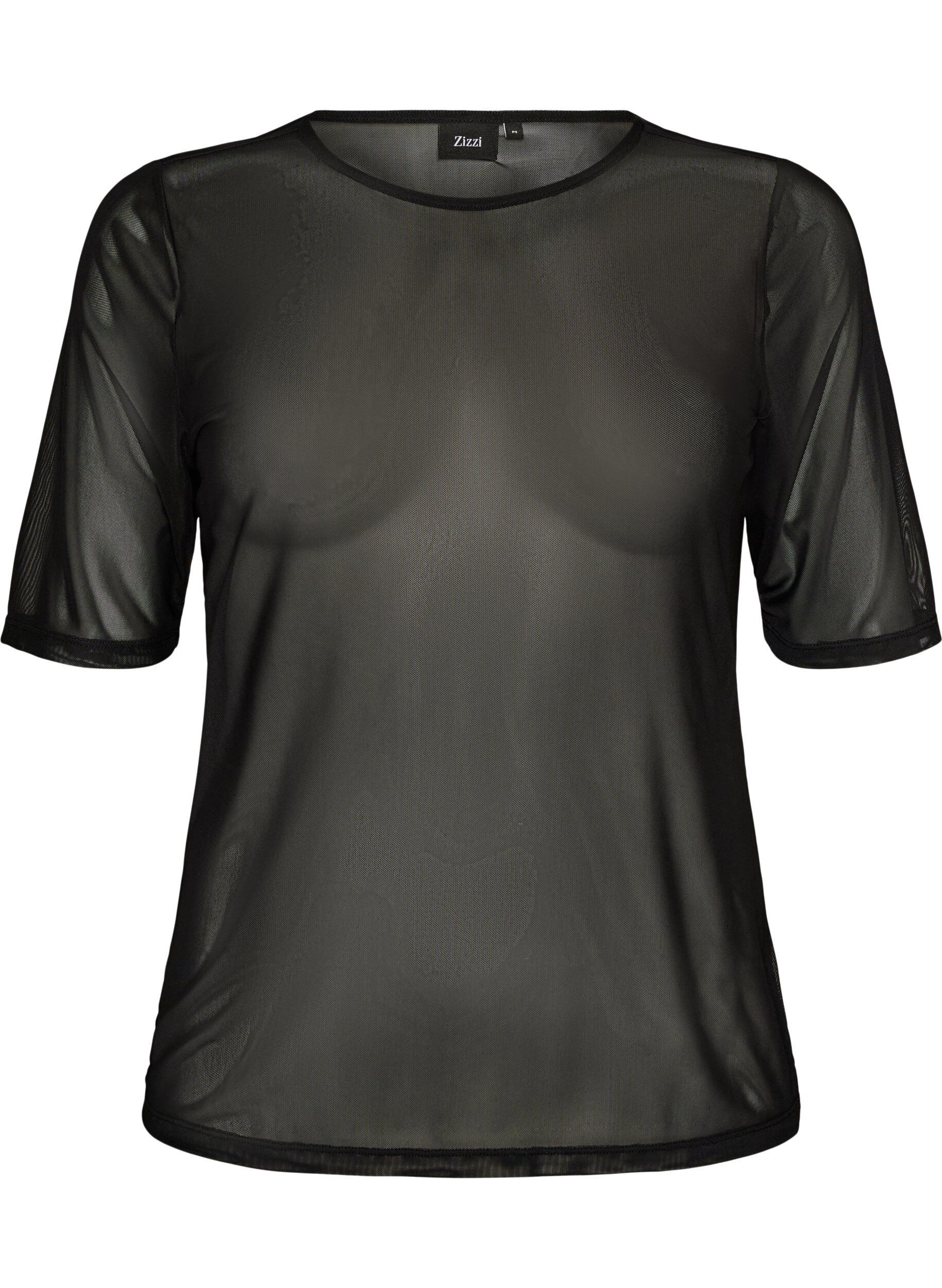 Zizzifashion Mesh top with short sleeves and round neck, Black, Packshot image number 0
