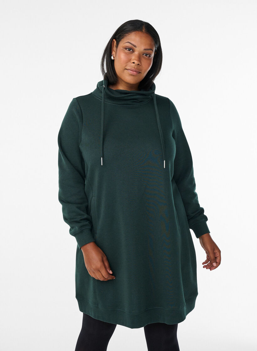 FLASH - Short sweatshirt dress with high collar and pockets, Green, Model image number 0