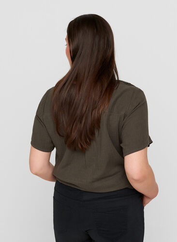 Short-sleeved blouse with a v-neck and embroidery, Khaki As sample, Model image number 1