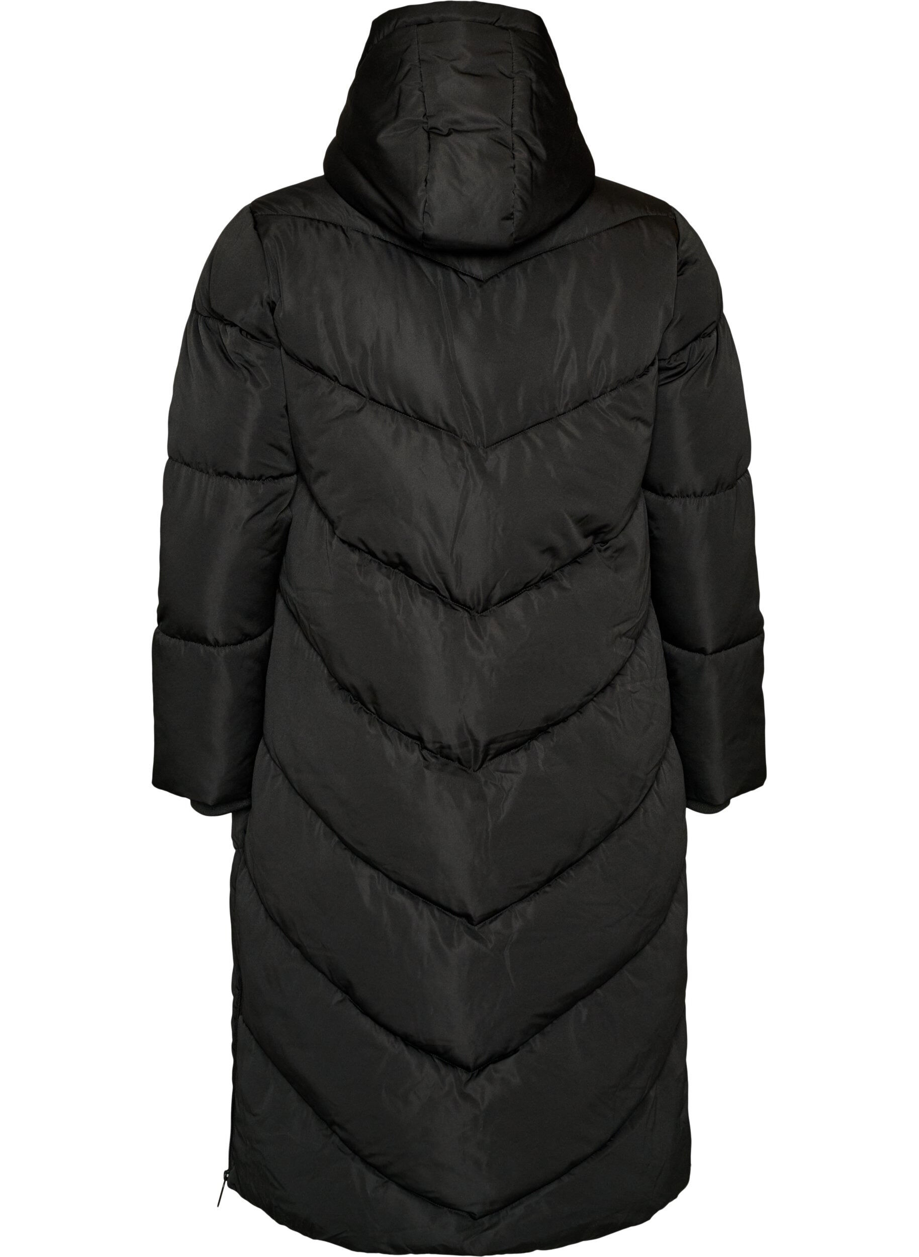 Zizzifashion Long puffer coat with hood and pockets, Black, Packshot image number 1