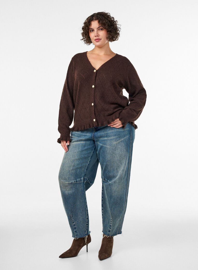 Cardigan with harlequin pattern and V-neck, Brown, Model image number 1