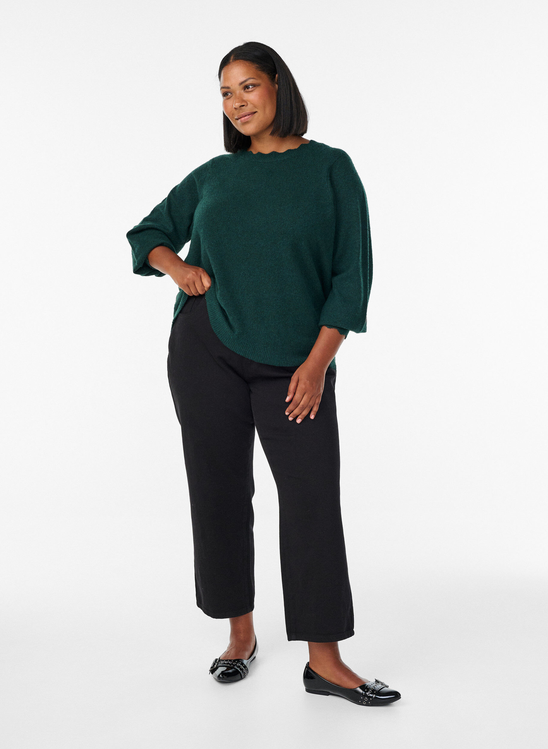 ZizzifashionKnitted blouse with wavy edges, Green, Model image number 1