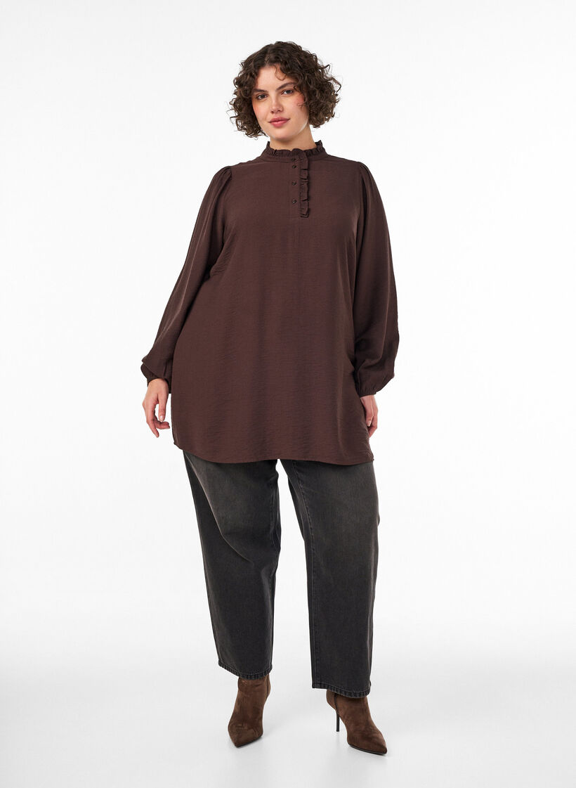 Viscose tunic with ruffles and buttons, Brown, Model image number 1