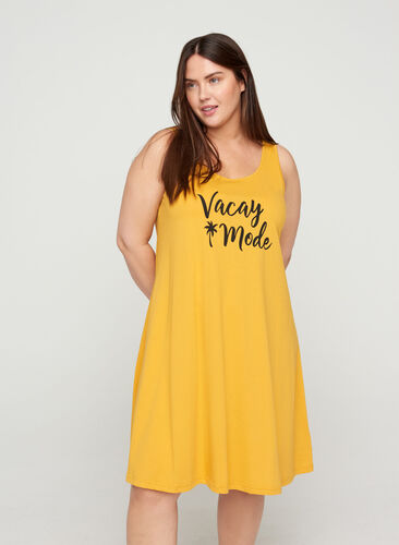 Sleeveless cotton dress in A-line, Mineral Yellow VACAY, Model image number 0