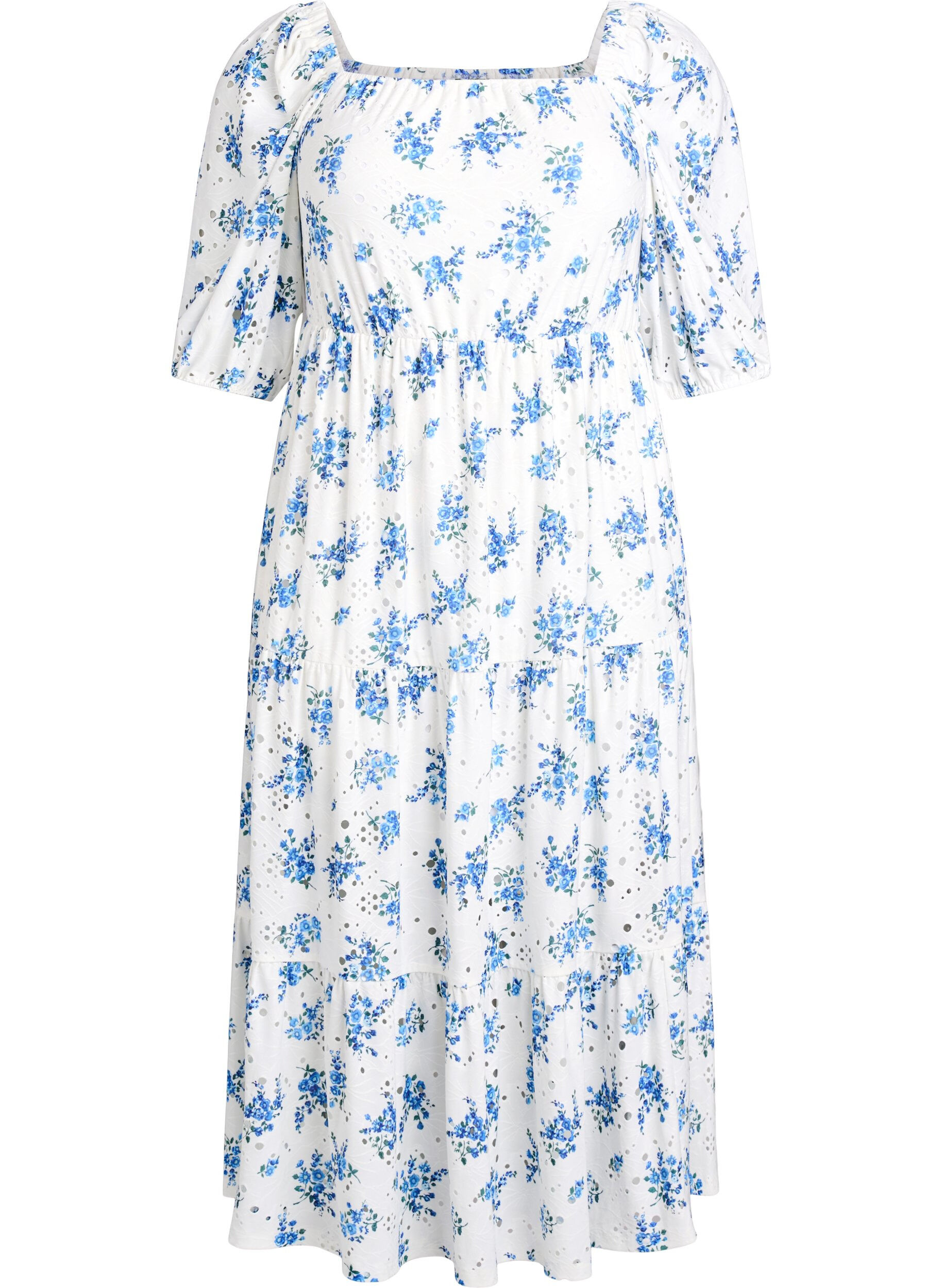 Ankle-length dress with floral print and eyelet embroidery