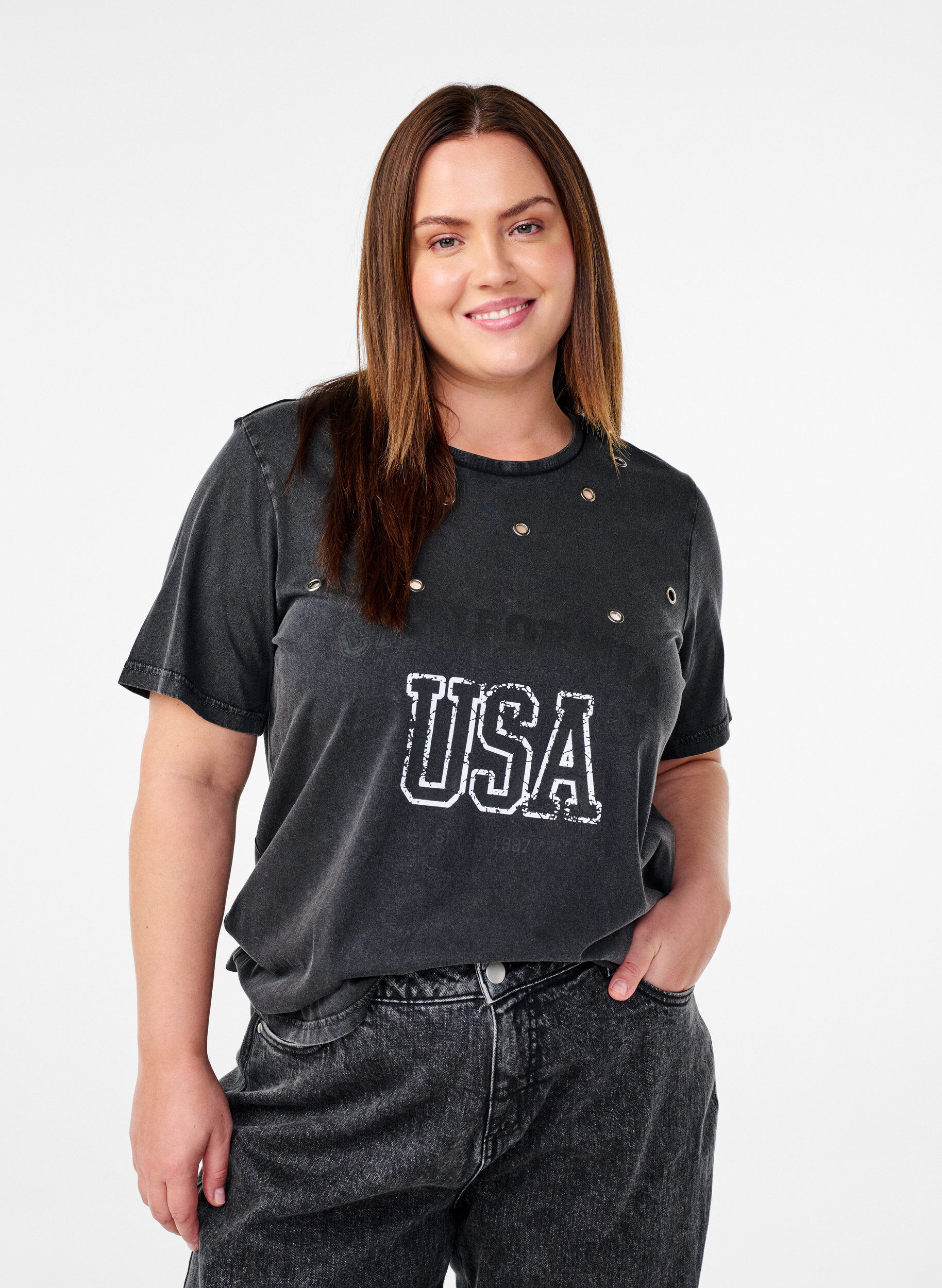 Zizzifashion T-shirt with eyelets and print, Grey Washed , Model image number 0