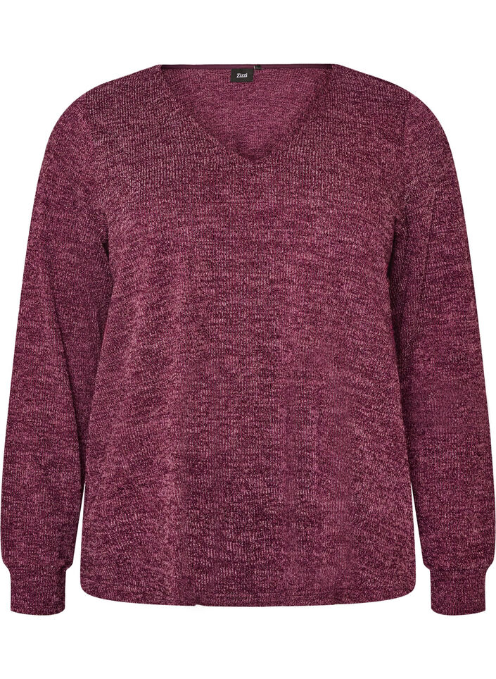 Jersey blouse with a V-neck and long sleeves, Dark Bordeaux, Packshot image number 0