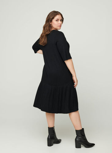 Ribbed dress with 1/2 length sleeves, Black, Model image number 1