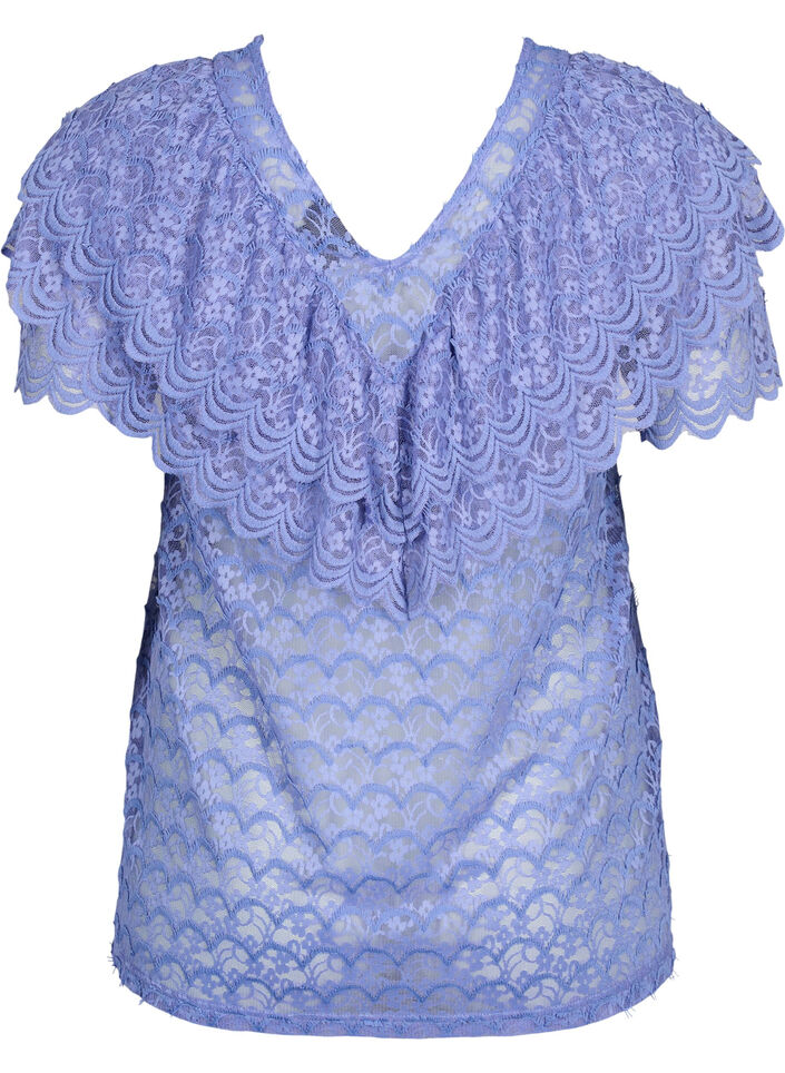Short-sleeved blouse with frills, Purple, Packshot image number 1