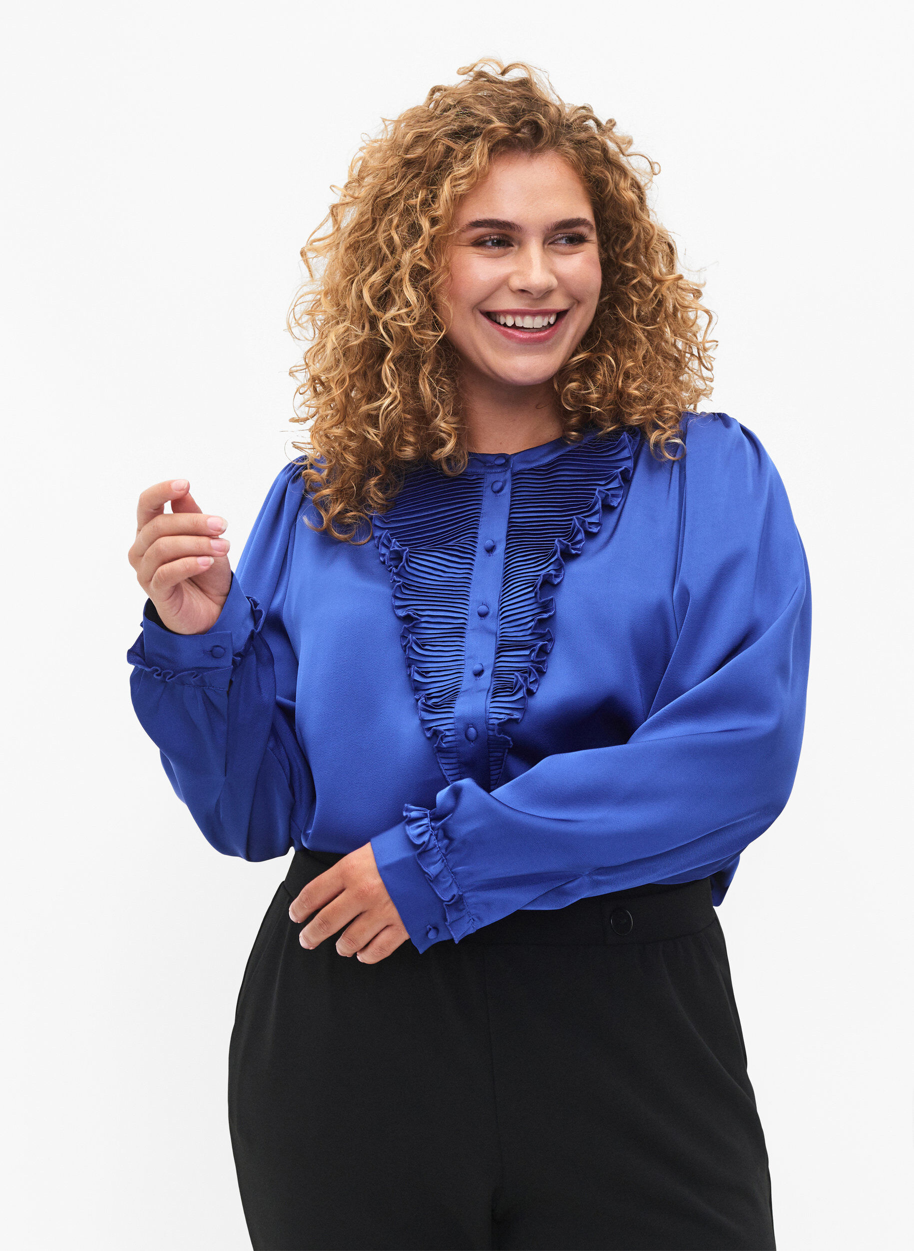 Zizzifashion Satin shirt blouse with ruffle details, Deep Ultramarine, Model image number 2
