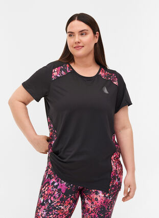 Short-sleeved exercise T-shirt with print details, Black, Model image number 0