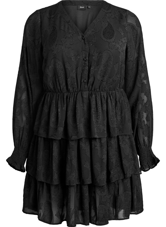 Short dress with ruffles and a textured pattern, Black, Packshot image number 0