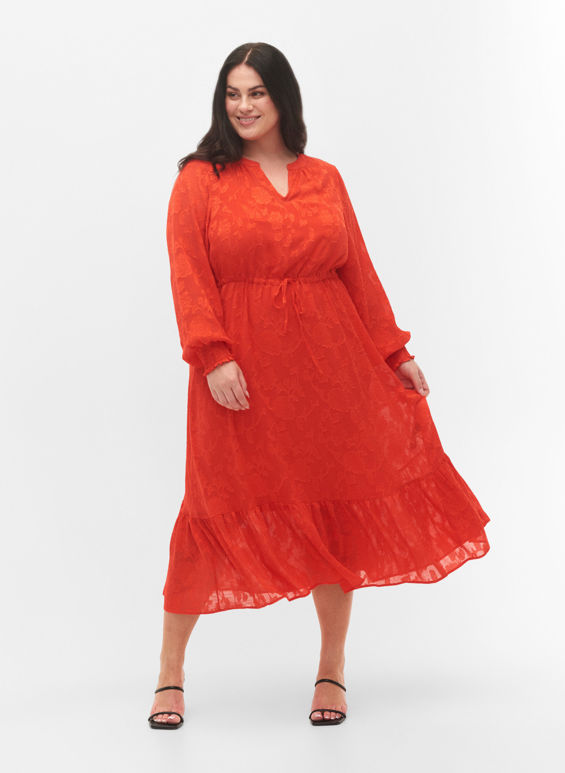 Zizzifashion Long-sleeved midi dress in jacquard look, Orange.com, Model image number 0