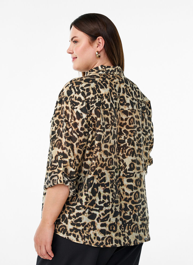 Loose shirt with animal print and chest pockets, Brown, Model image number 2
