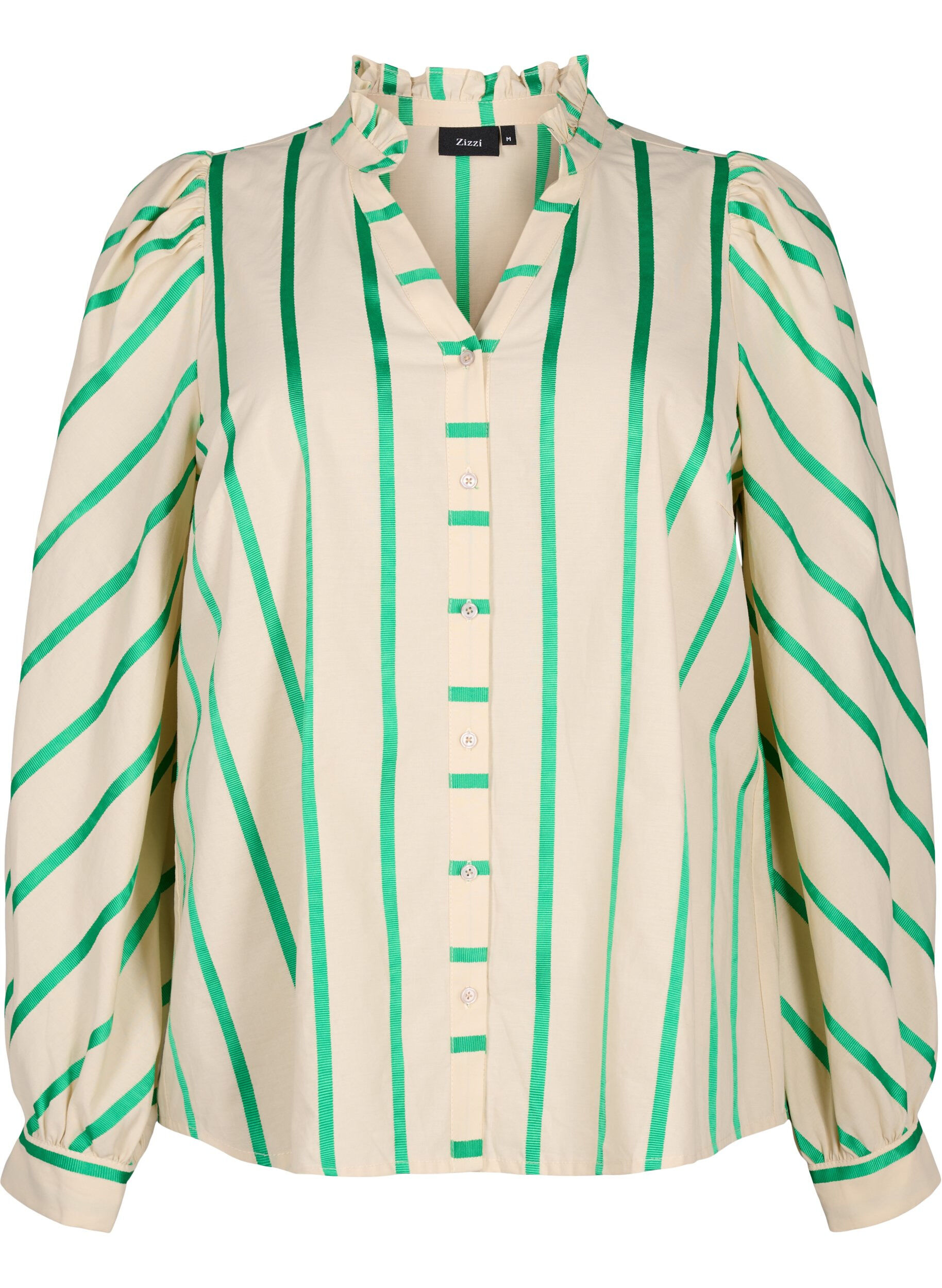 Zizzifashion Striped cotton shirt blouse with ruffle collar, Beige Green Stripe, Packshot image number 0