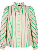 Striped cotton shirt blouse with ruffle collar, Beige Green Stripe, Packshot image number 0