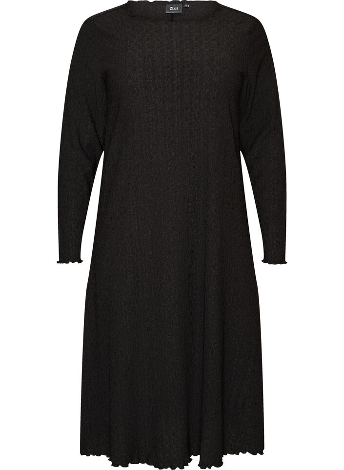 Midi dress with a wavy texture and long sleeves, Black, Packshot image number 0