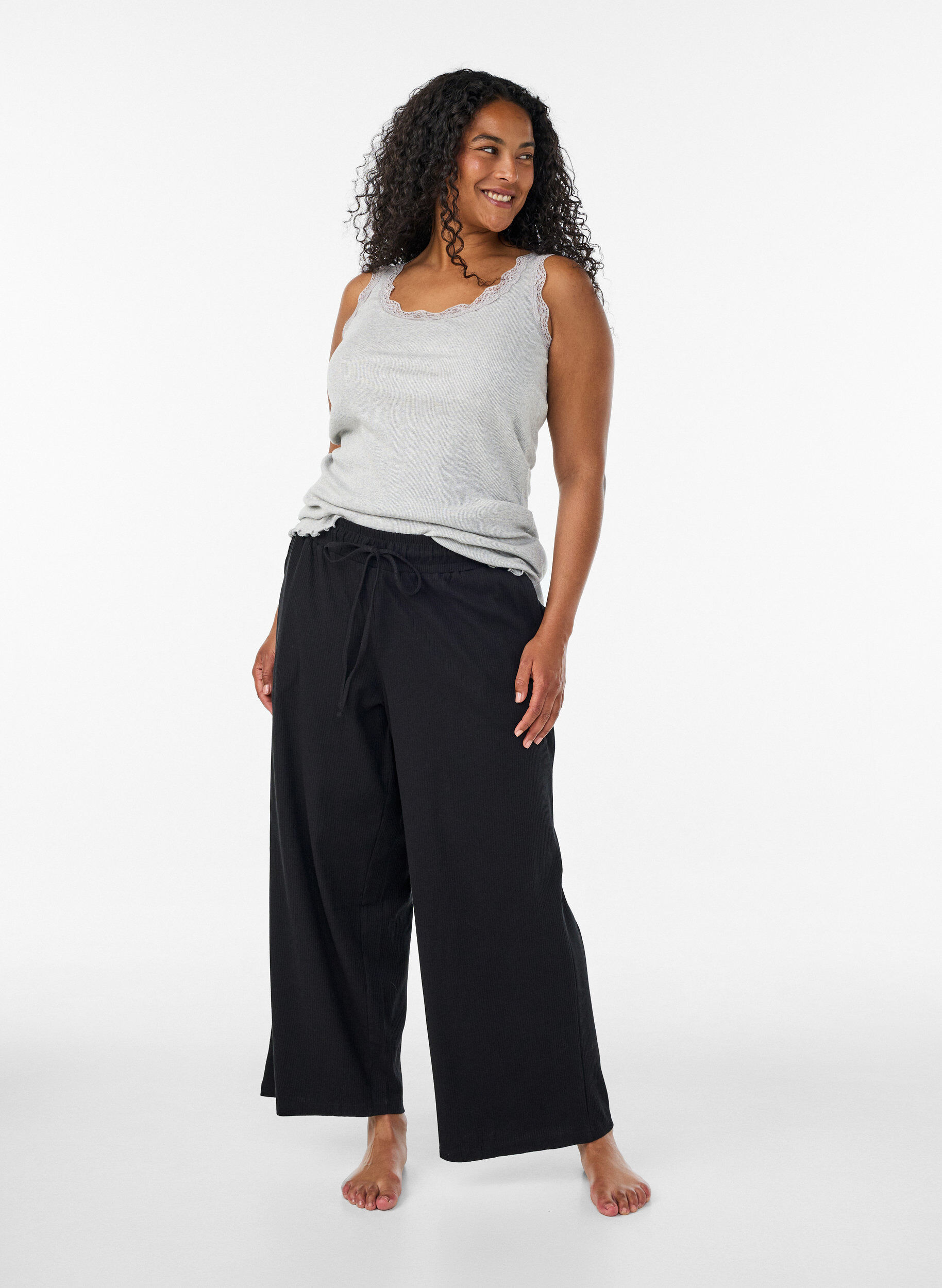 ZizzifashionRibbed pyjama bottoms with straight legs, Black, Model image number 0