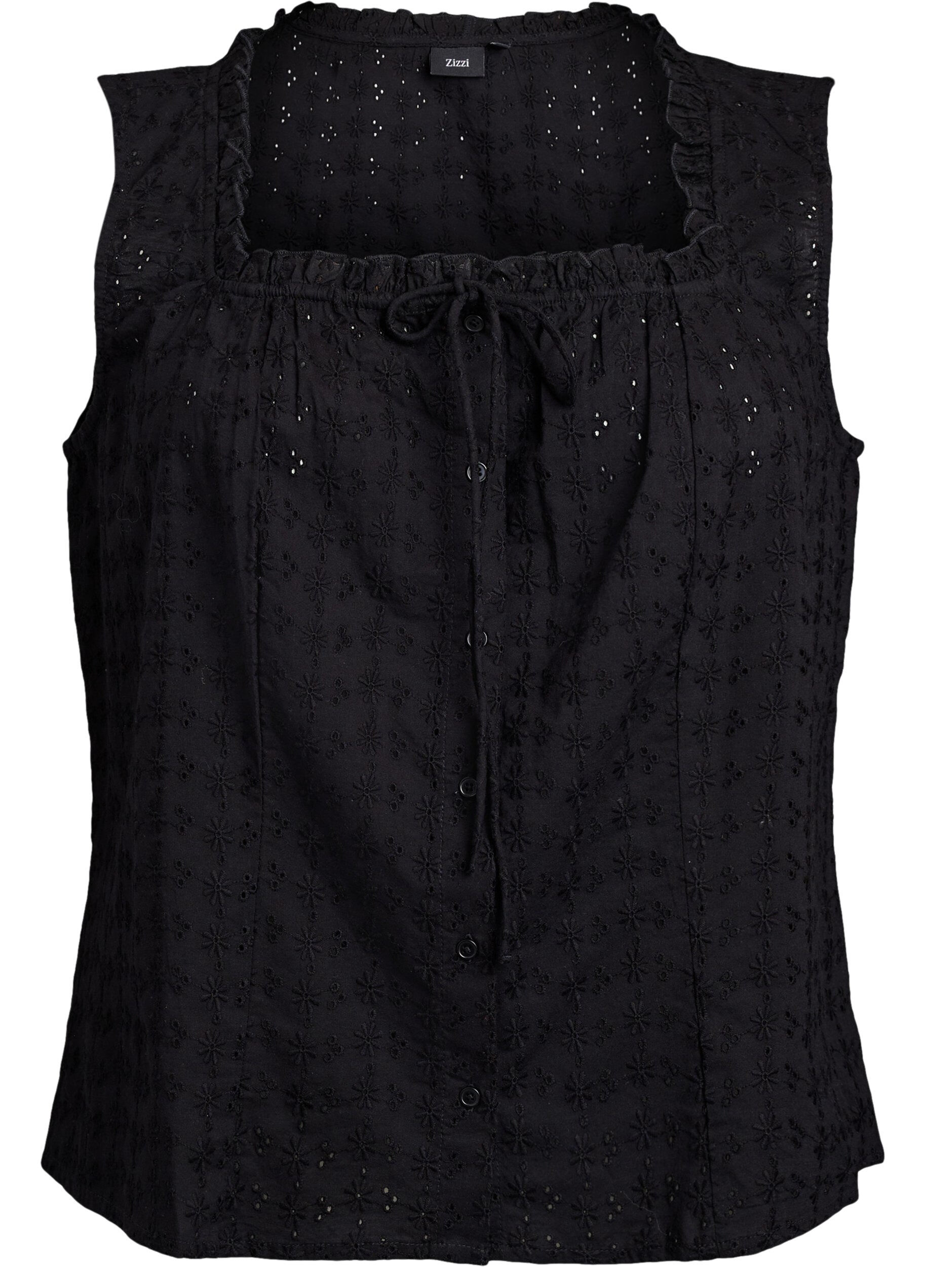Sleeveless blouse with broderie anglaise and ruffles