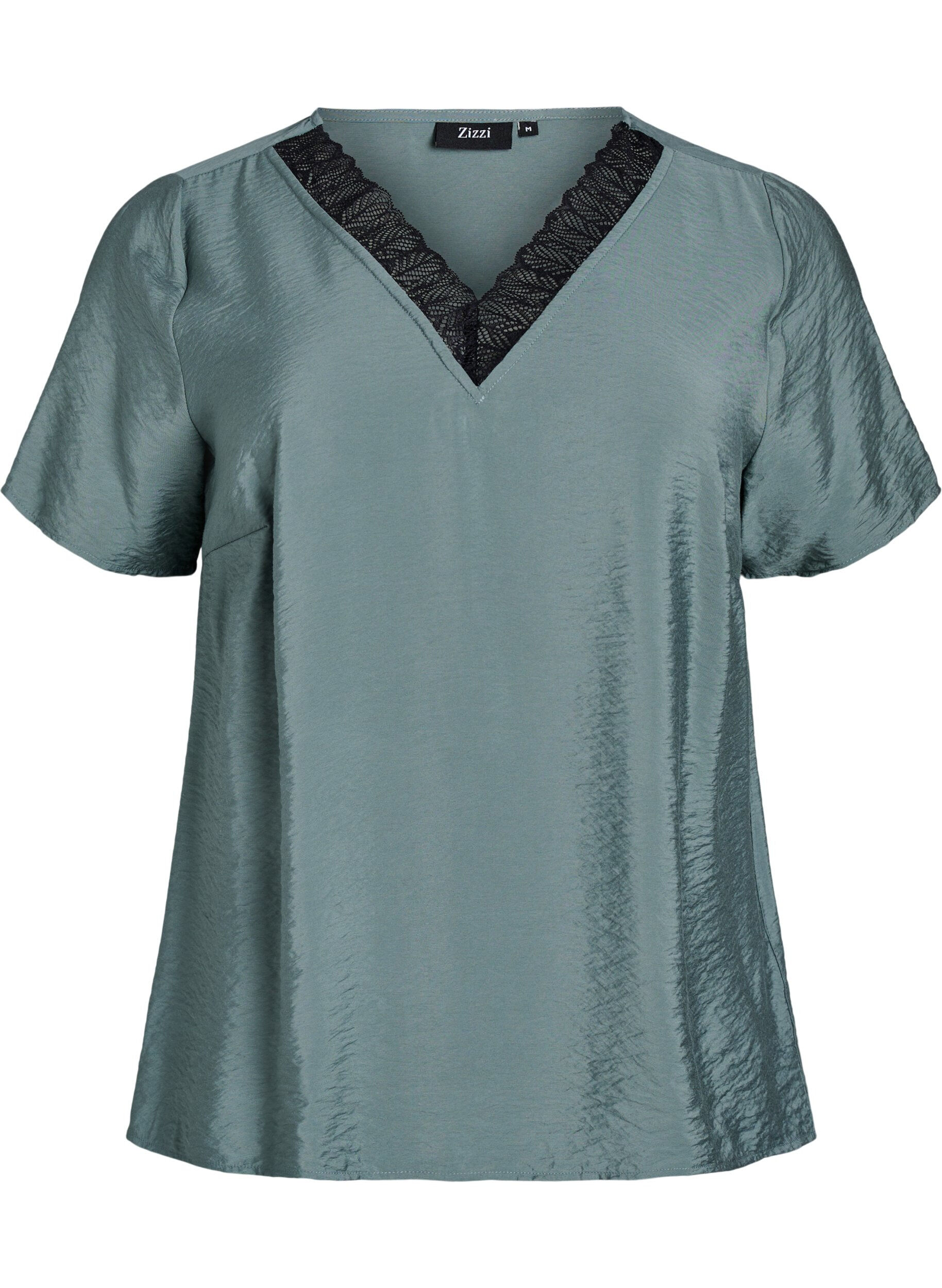 Short-sleeved viscose blouse with lace trim