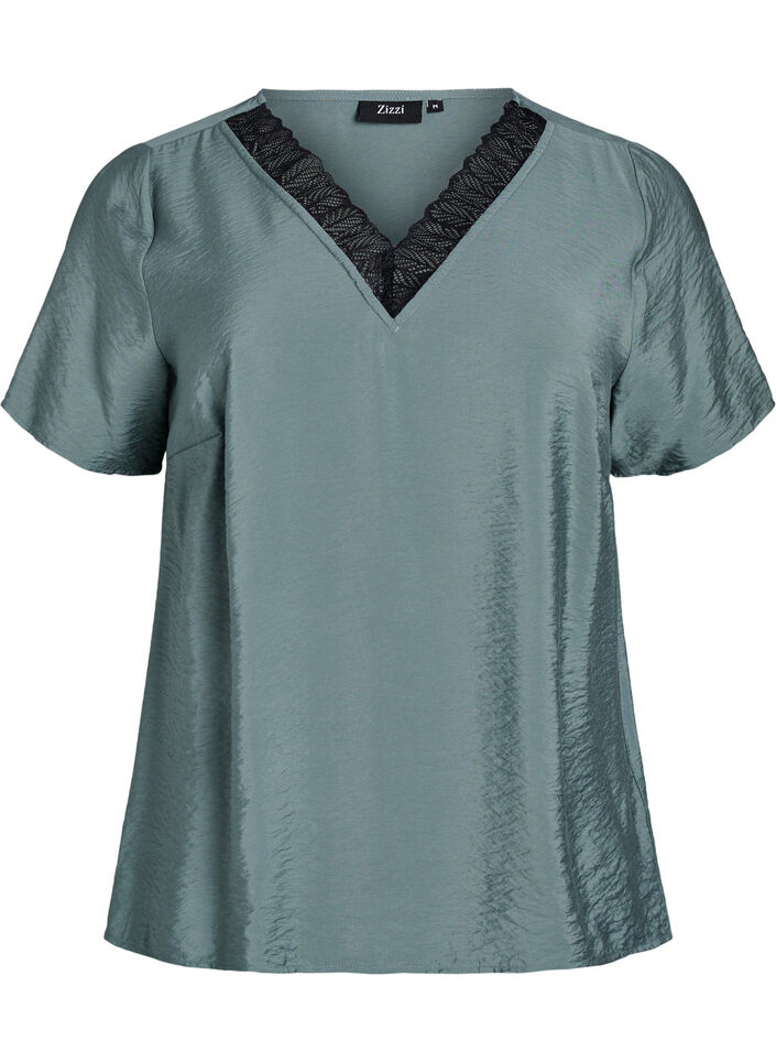 Short-sleeved viscose blouse with lace trim, Green, Packshot image number 0