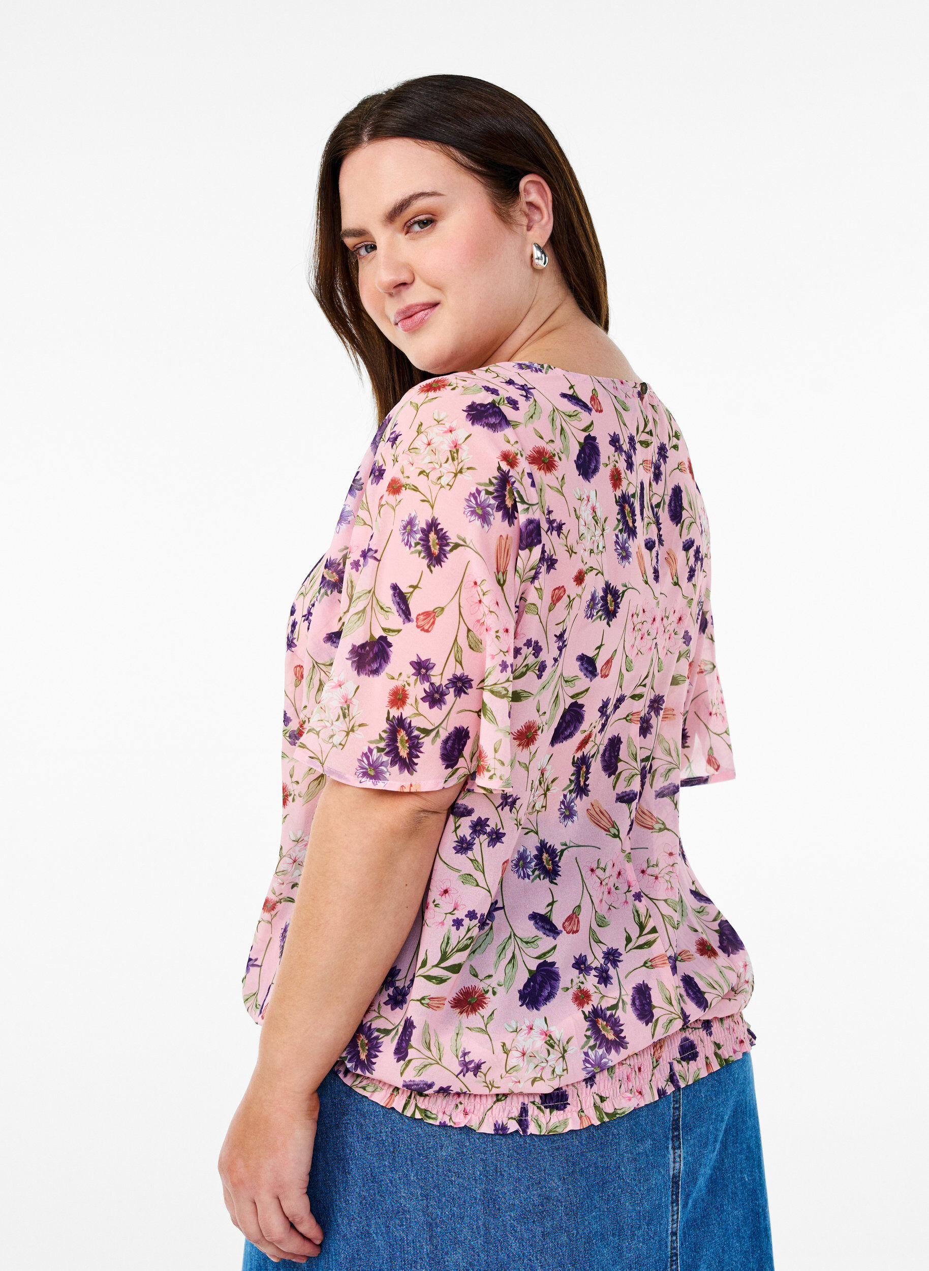 Zizzifashion Floral blouse with short sleeves and smocking, Rose, Model image number 2
