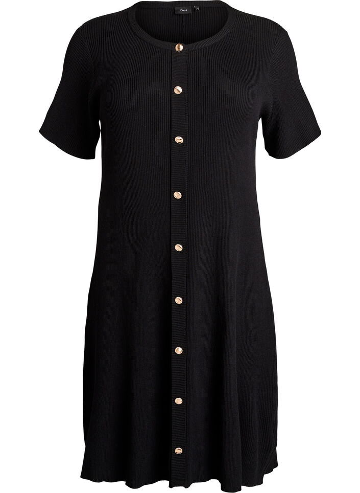 Ribbed dress with decorative buttons and short sleeves, Black, Packshot