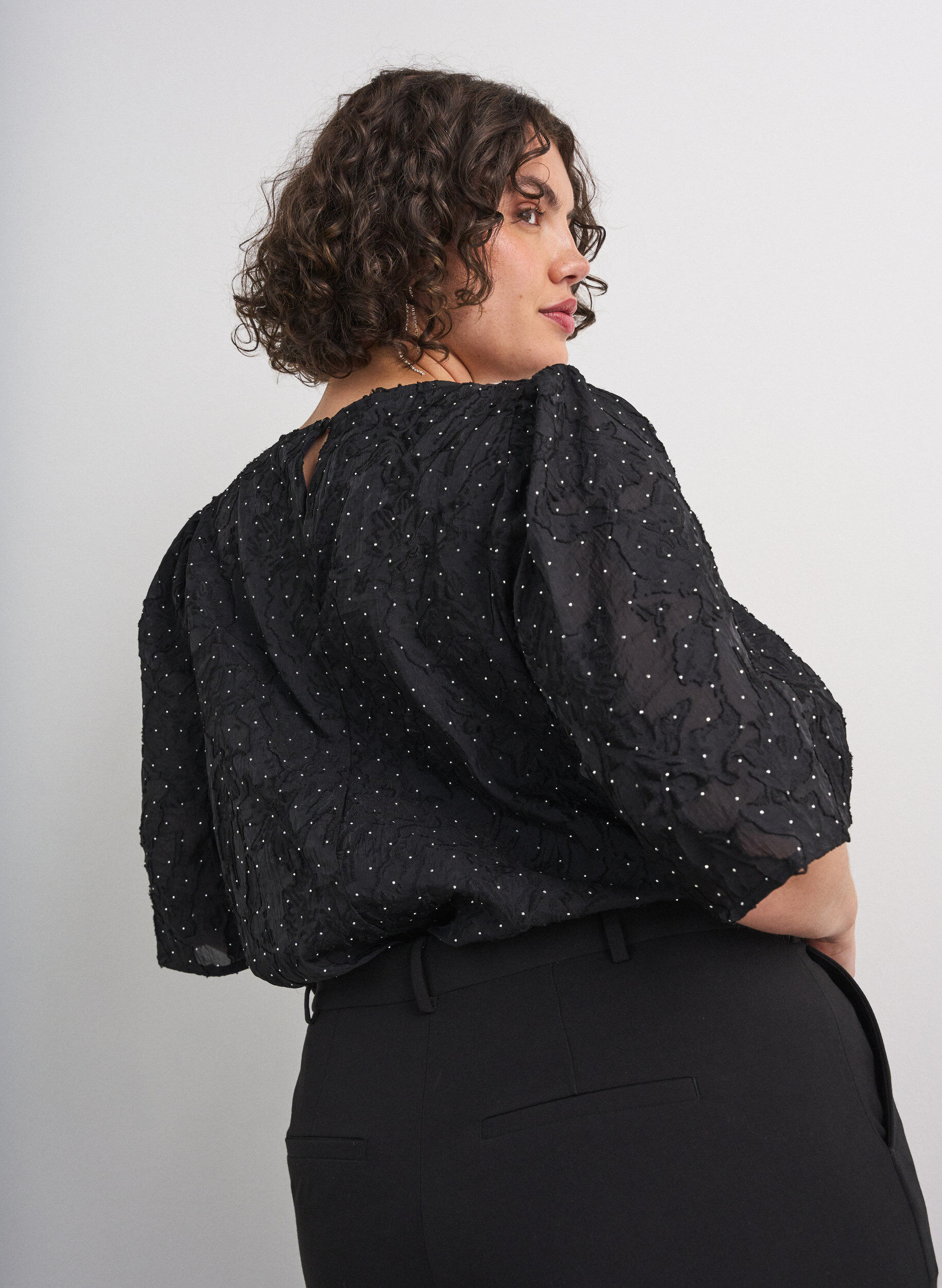 ZizzifashionJacquard blouse with sparkly details and puff sleeves, Black, Model image number 2