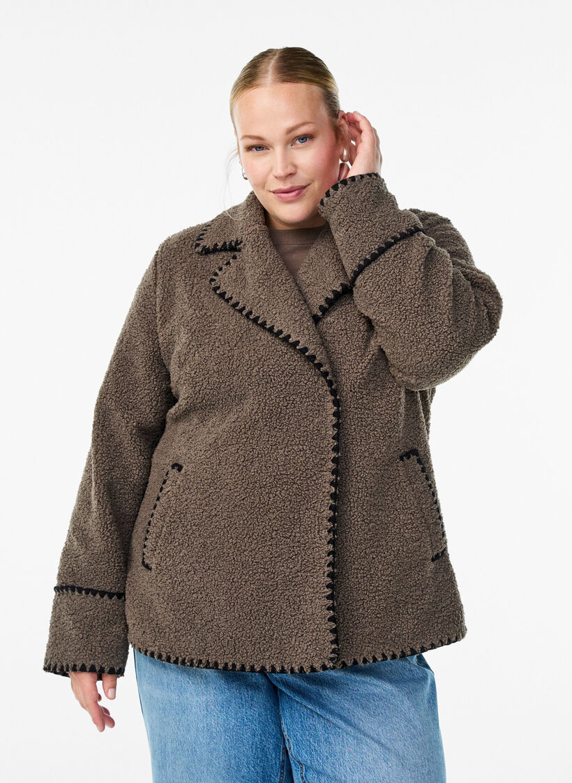 Teddy jacket with contrast details, Brown, Model image number 0