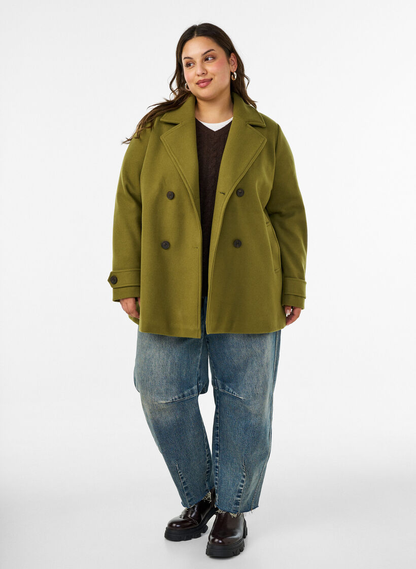 Short coat with double-breasted button closure, Green, Model image number 1