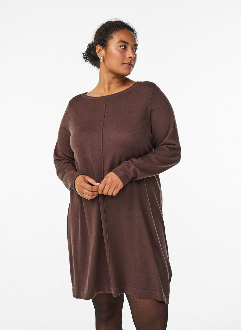 Knitted dress in cotton-viscose blend, Brown, Model image number 0