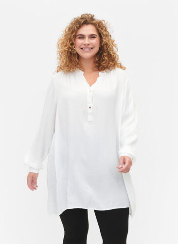Viscose tunic with tone-on-tone pattern, Bright White, Model image number 0
