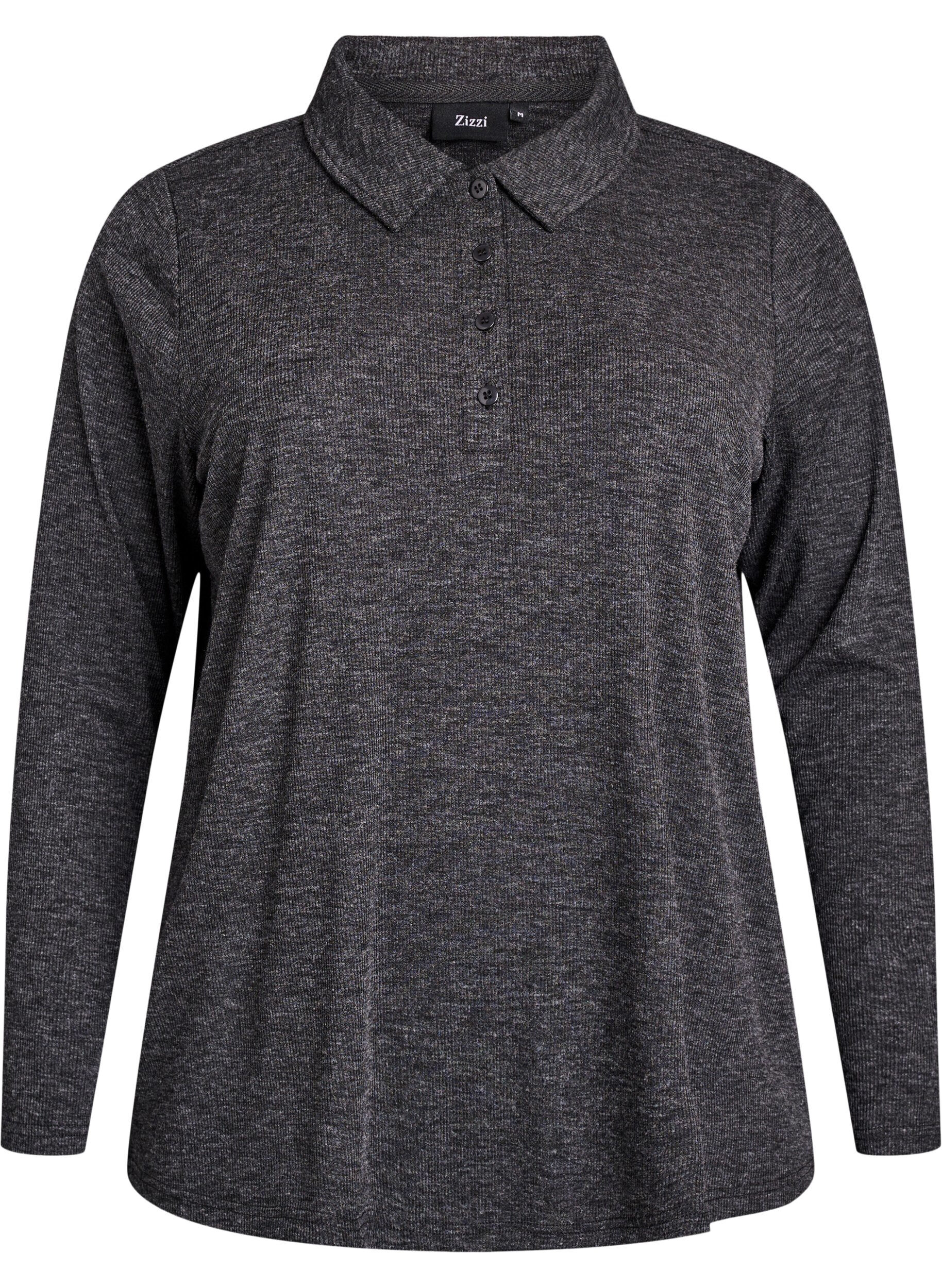 Zizzifashion Long-sleeved polo in stretchy ribbed quality, Dark Grey, Packshot image number 0