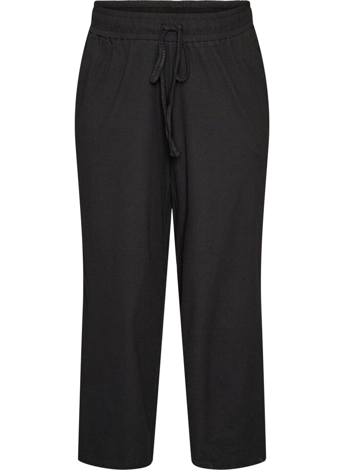 Ribbed pyjama bottoms with straight legs, Black, Packshot image number 0