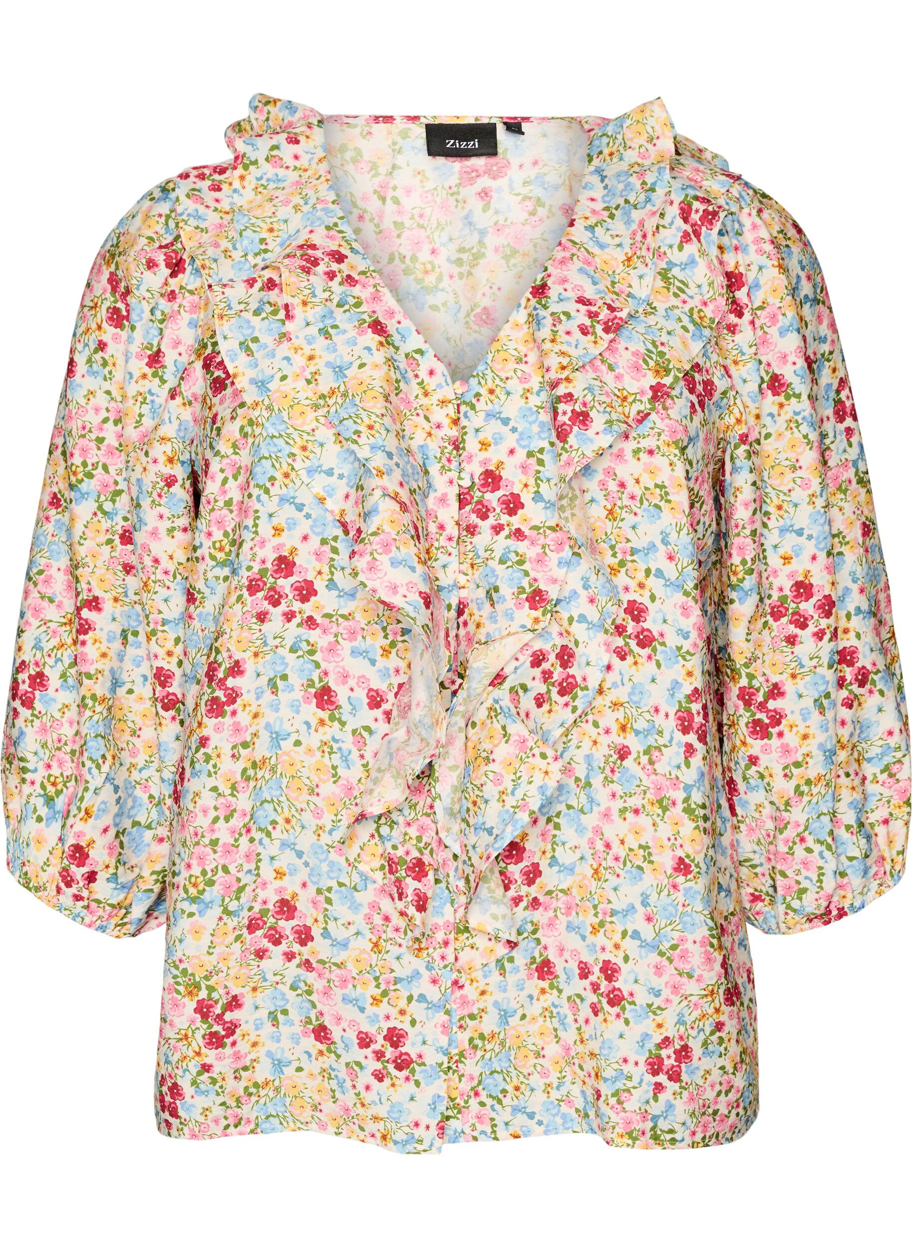 Zizzifashion Viscose blouse with floral print and 3/4 sleeves, Blue, Packshot image number 0