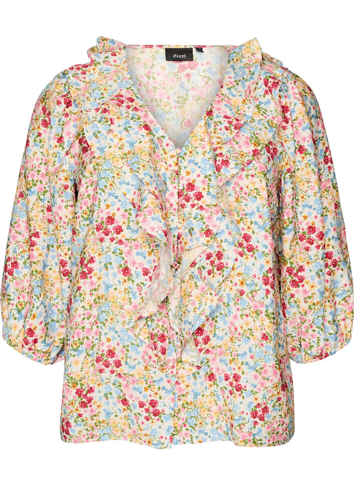 Viscose blouse with floral print and 3/4 sleeves, Blue, Packshot image number 0