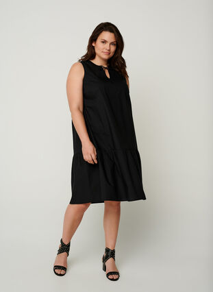 Short cotton dress with an A-line shape, Black, Model image number 2