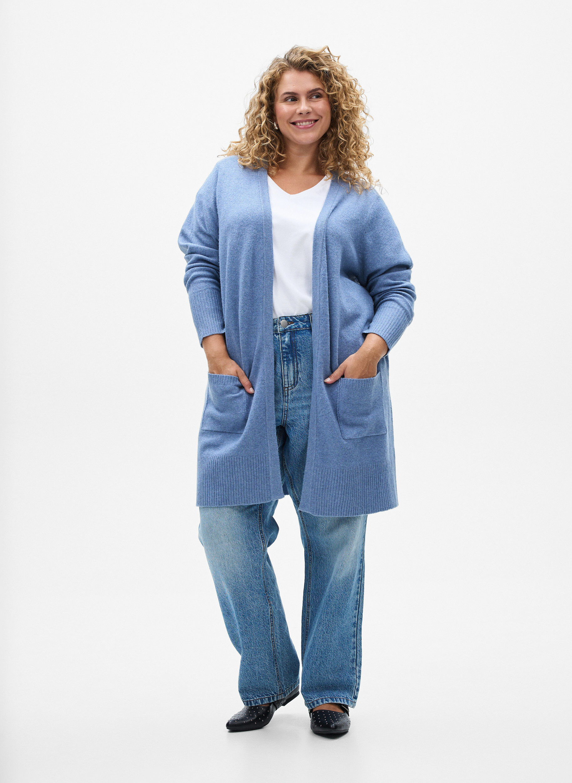 Zizzifashion Ribbed Knit Cardigan with Pockets, Blue, Model image number 1