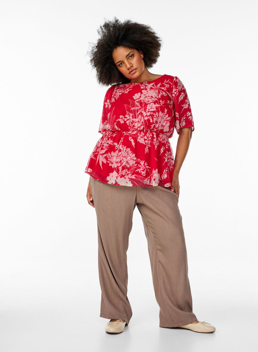 Floral chiffon blouse with an elasticated waist, Red, Model image number 1