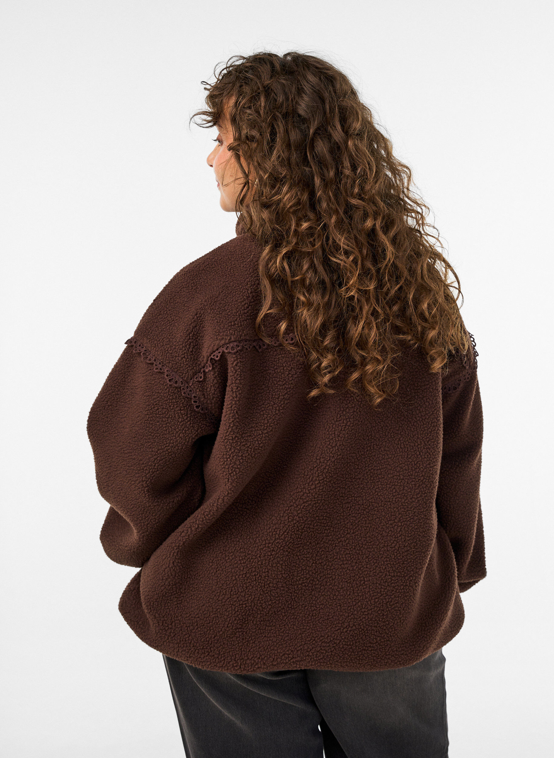 ZizzifashionTeddy jacket with eyelet embroidery trim and high collar, Brown, Model image number 2
