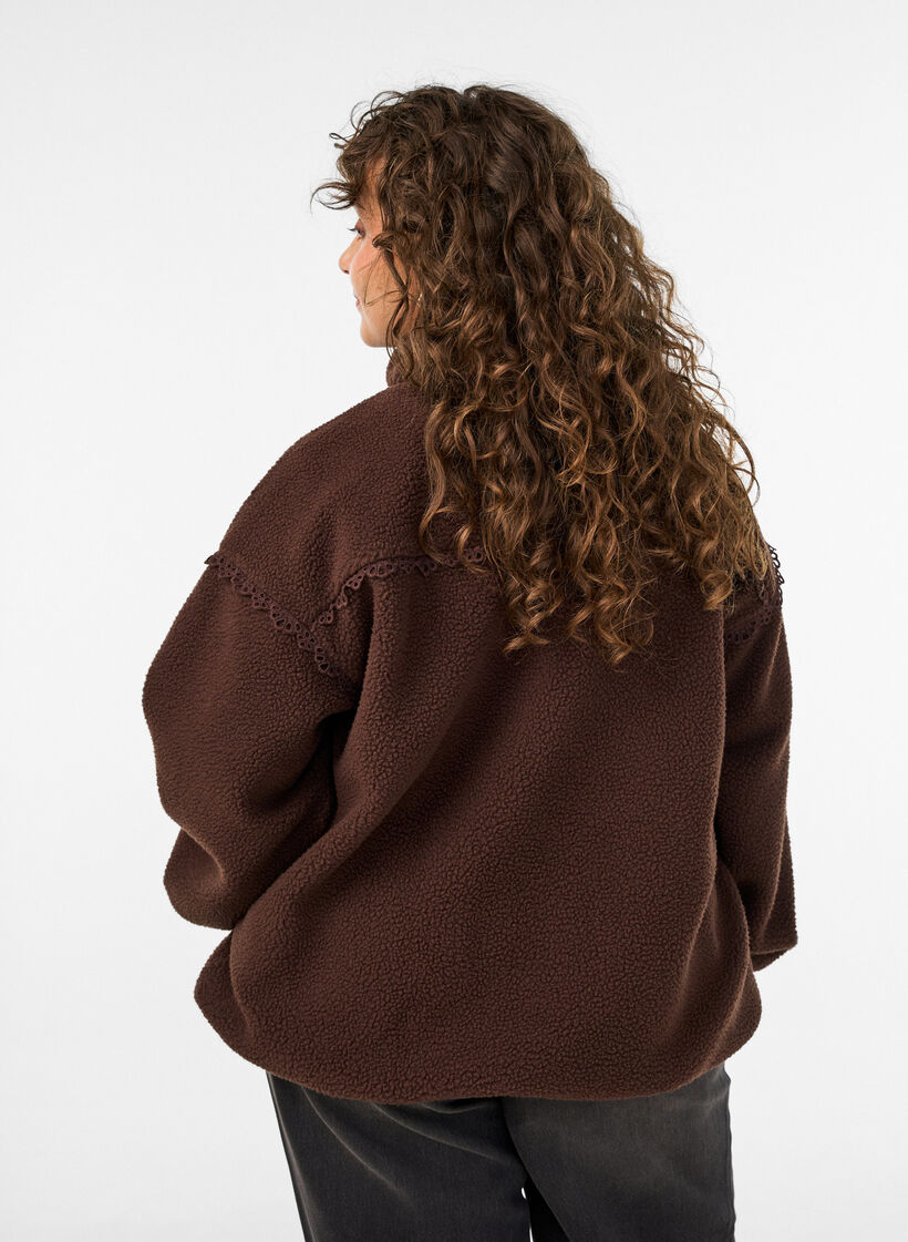 Teddy jacket with eyelet embroidery trim and high collar, Brown, Model image number 2
